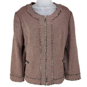 Classiques Entier Tweed Blazer Jacket XL Women Pink Black Zippers Pockets Fringe